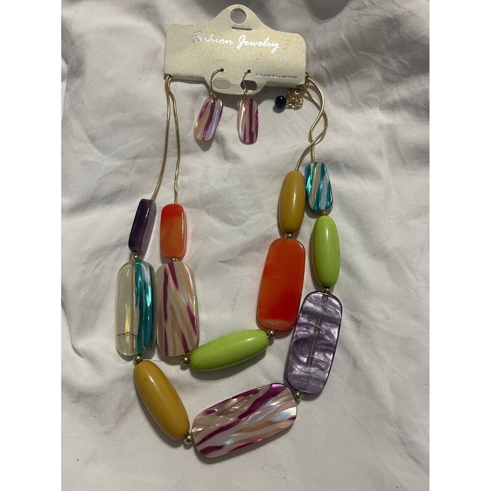 Chunky Colorful Acrylic Geometric Layered Bead Necklace Matching Drop Earrings